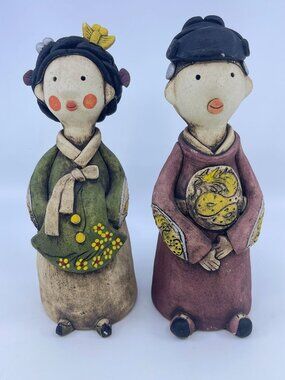 vintage hand painted korean traditional hanbok ceramic figurines set of 2